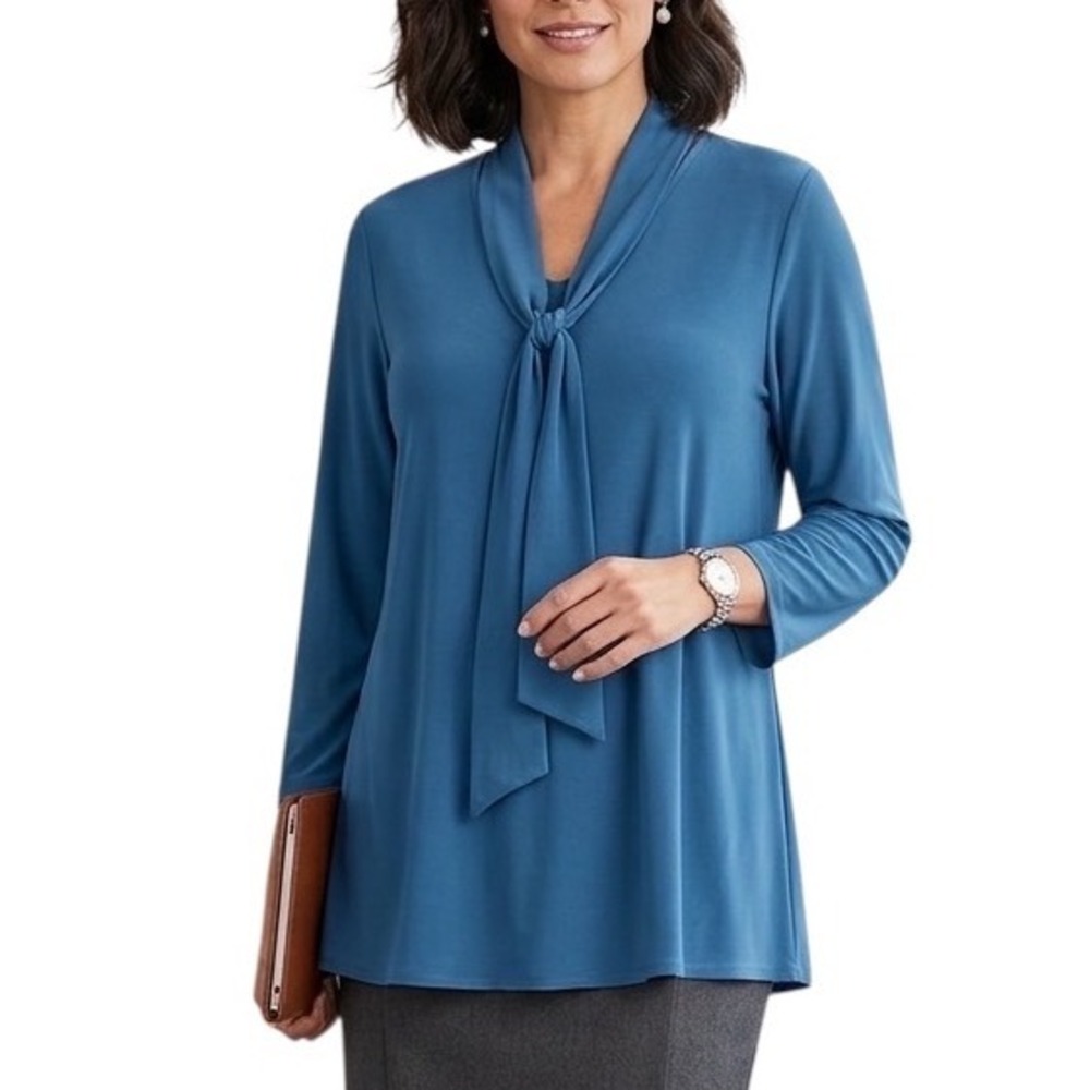 Susan Graver Teal Blue Tie‎ Neck Mixed Media Chiffon Hem Tunic Top XL